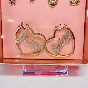 NEW Juicy‎ Couture Gold Heart Hoop Earrings Rhinestone Logo Set